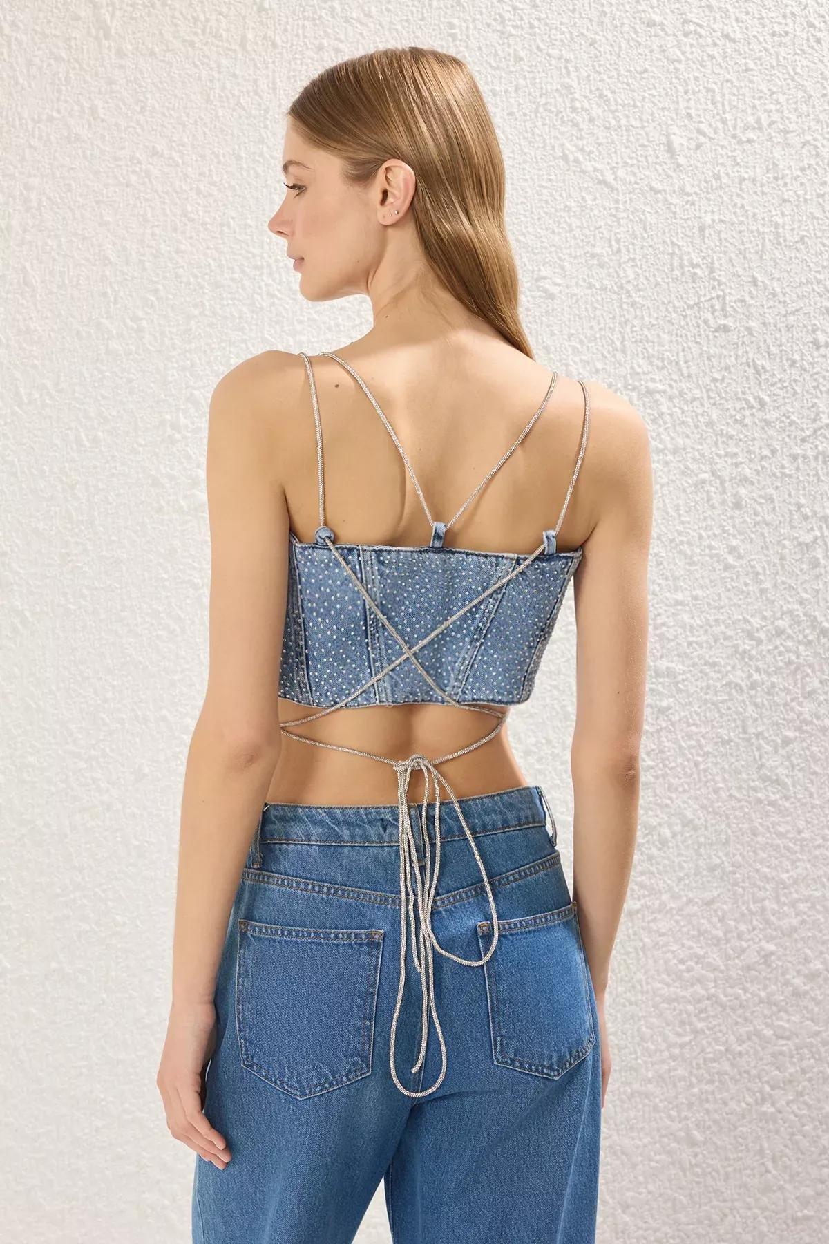 Blue Crop Denim Blouse, , large image number 3