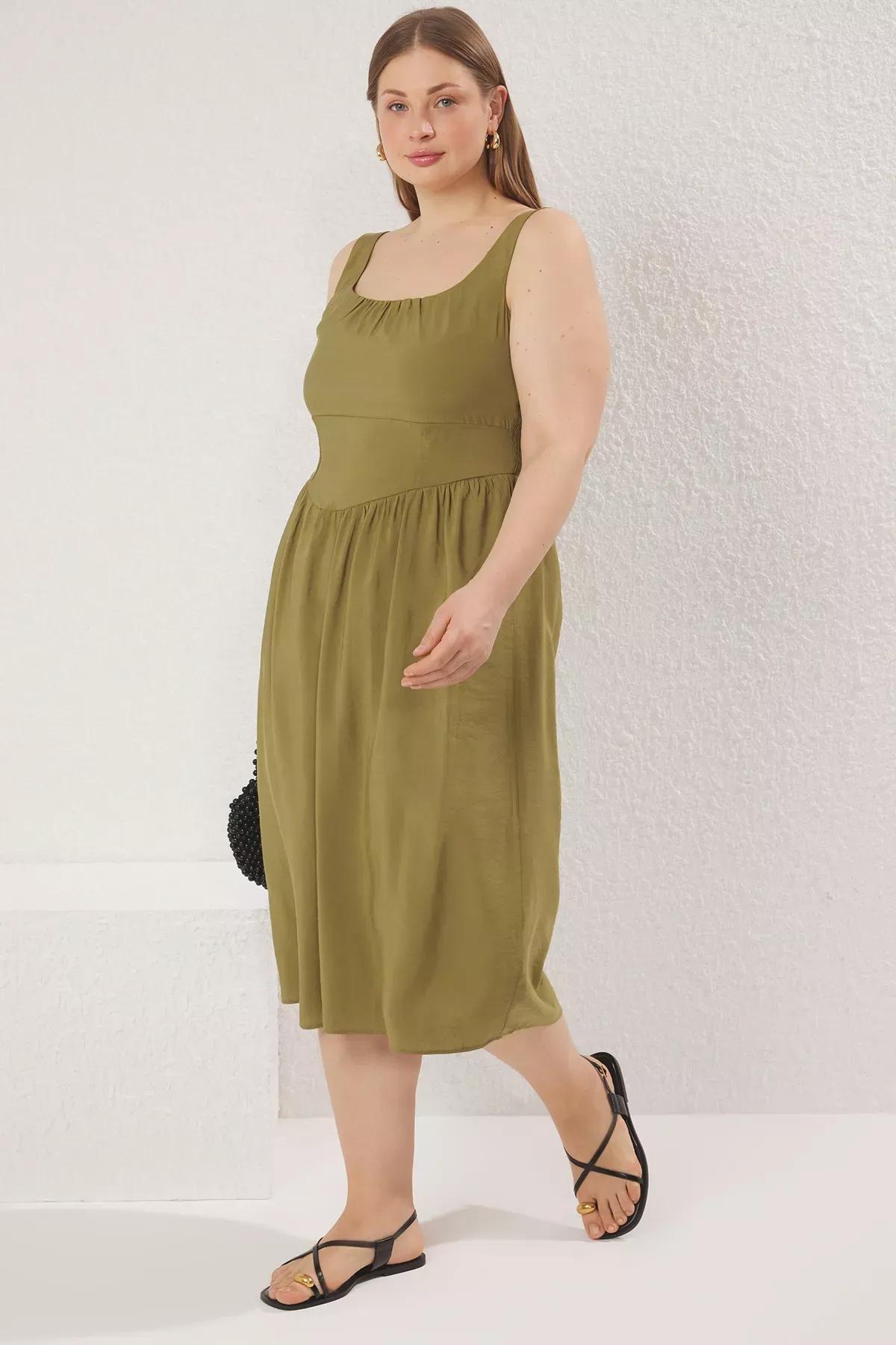 Green Modal Midi Woven Plus-Size Dress, Khaki, large image number 0
