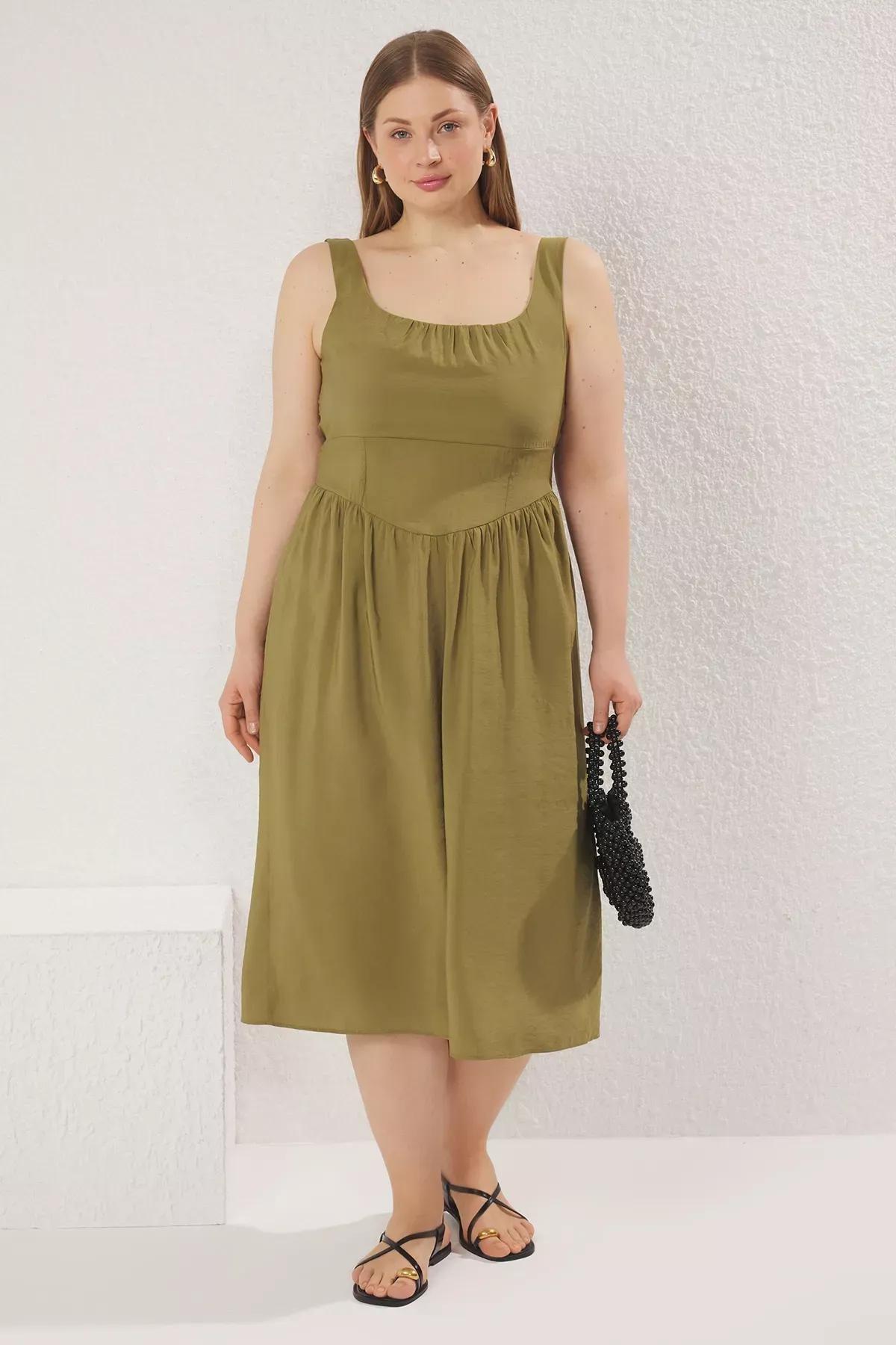 Green Modal Midi Woven Plus-Size Dress, Khaki, large image number 1