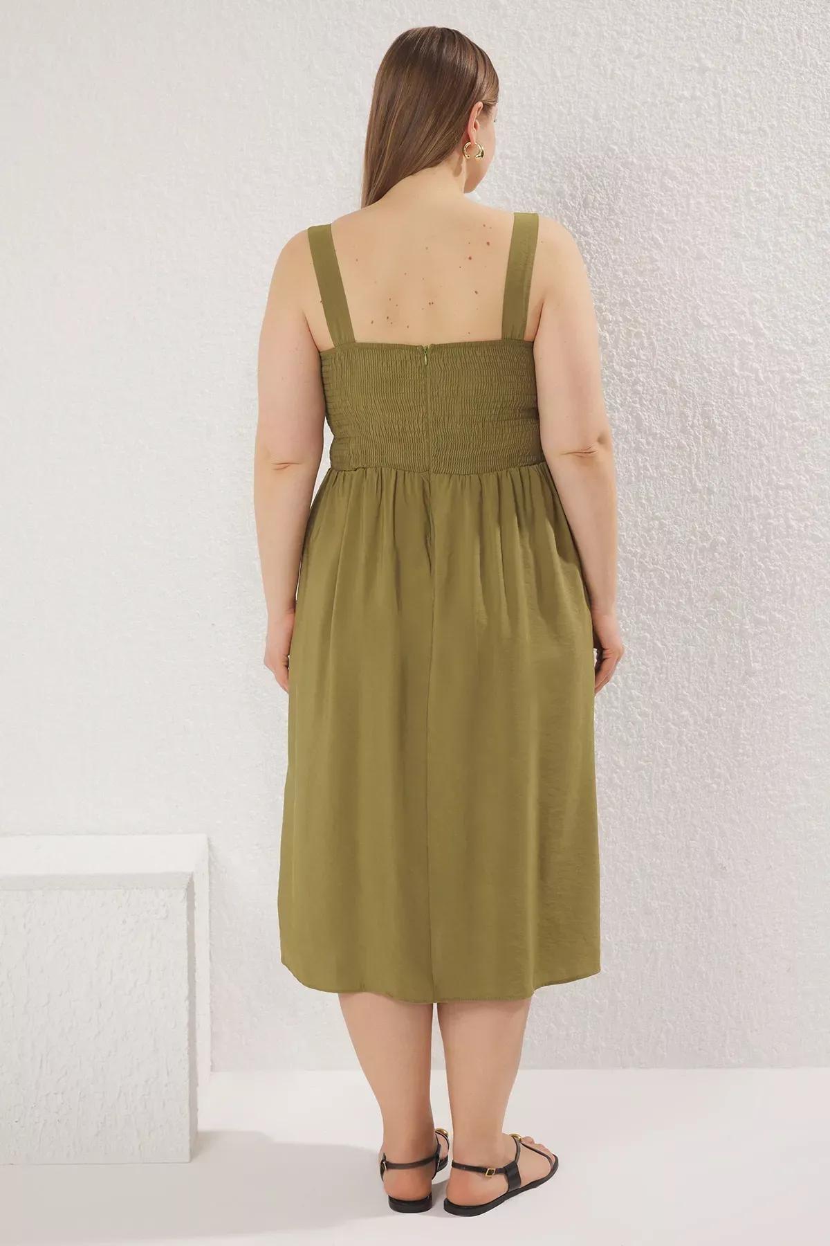 Green Modal Midi Woven Plus-Size Dress, Khaki, large image number 3