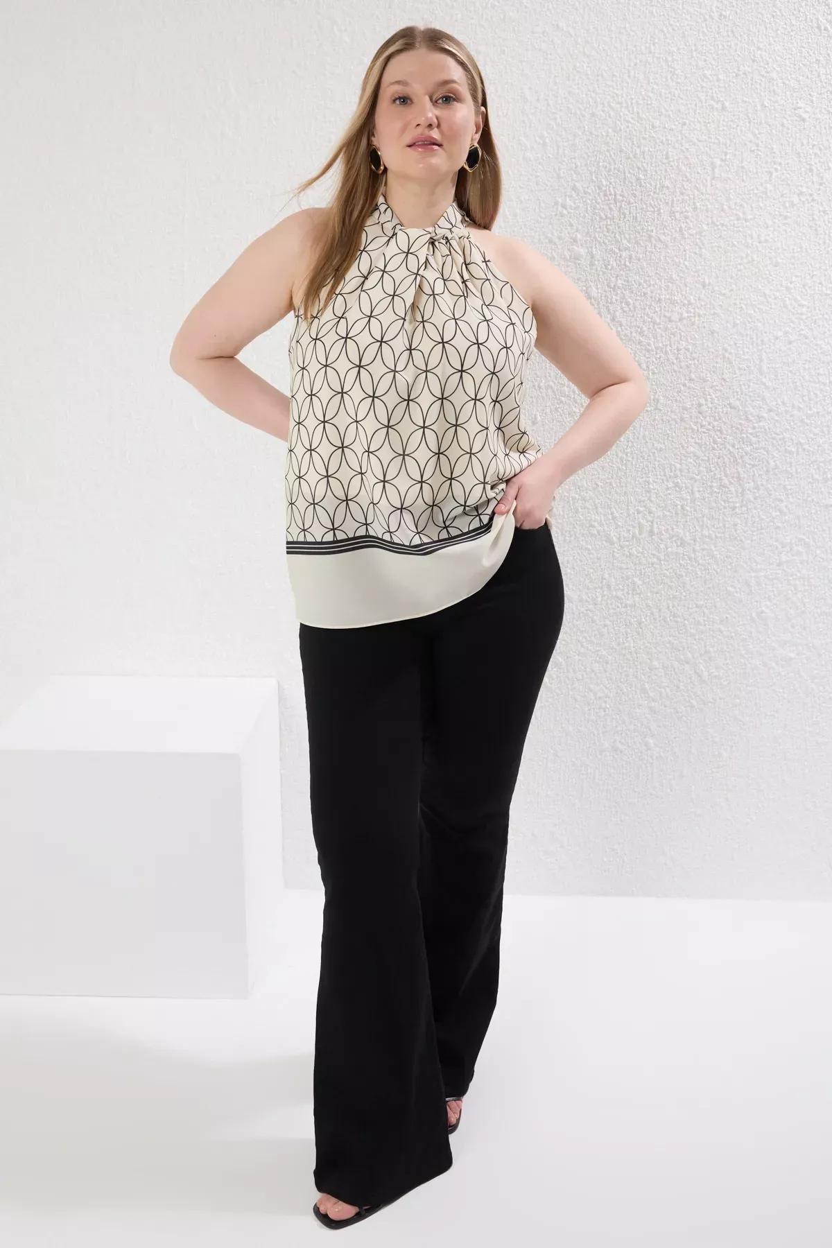 Beige Geometric Halter Blouse, Ecru, large image number 0