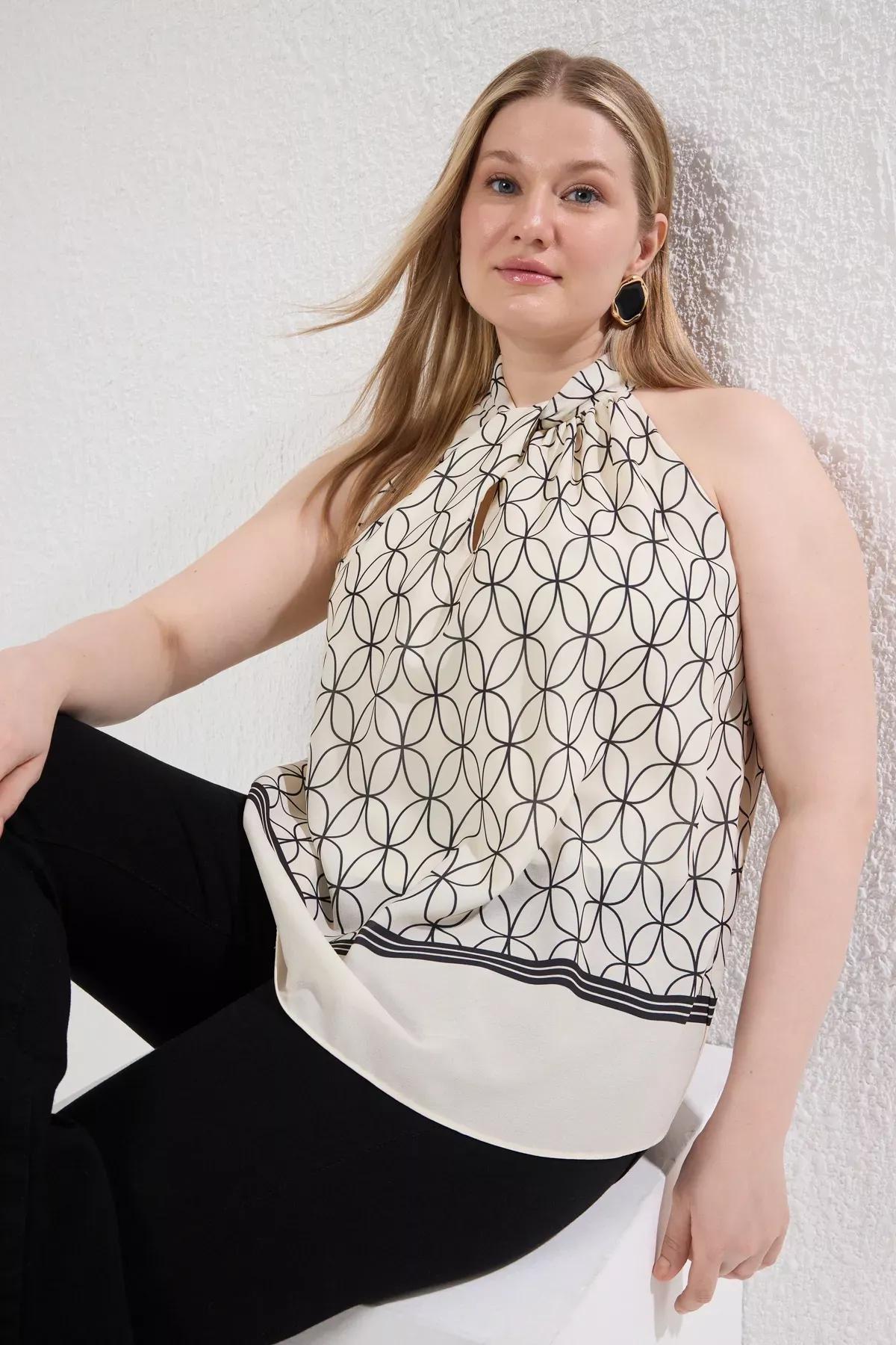Beige Geometric Halter Blouse, Ecru, large image number 1