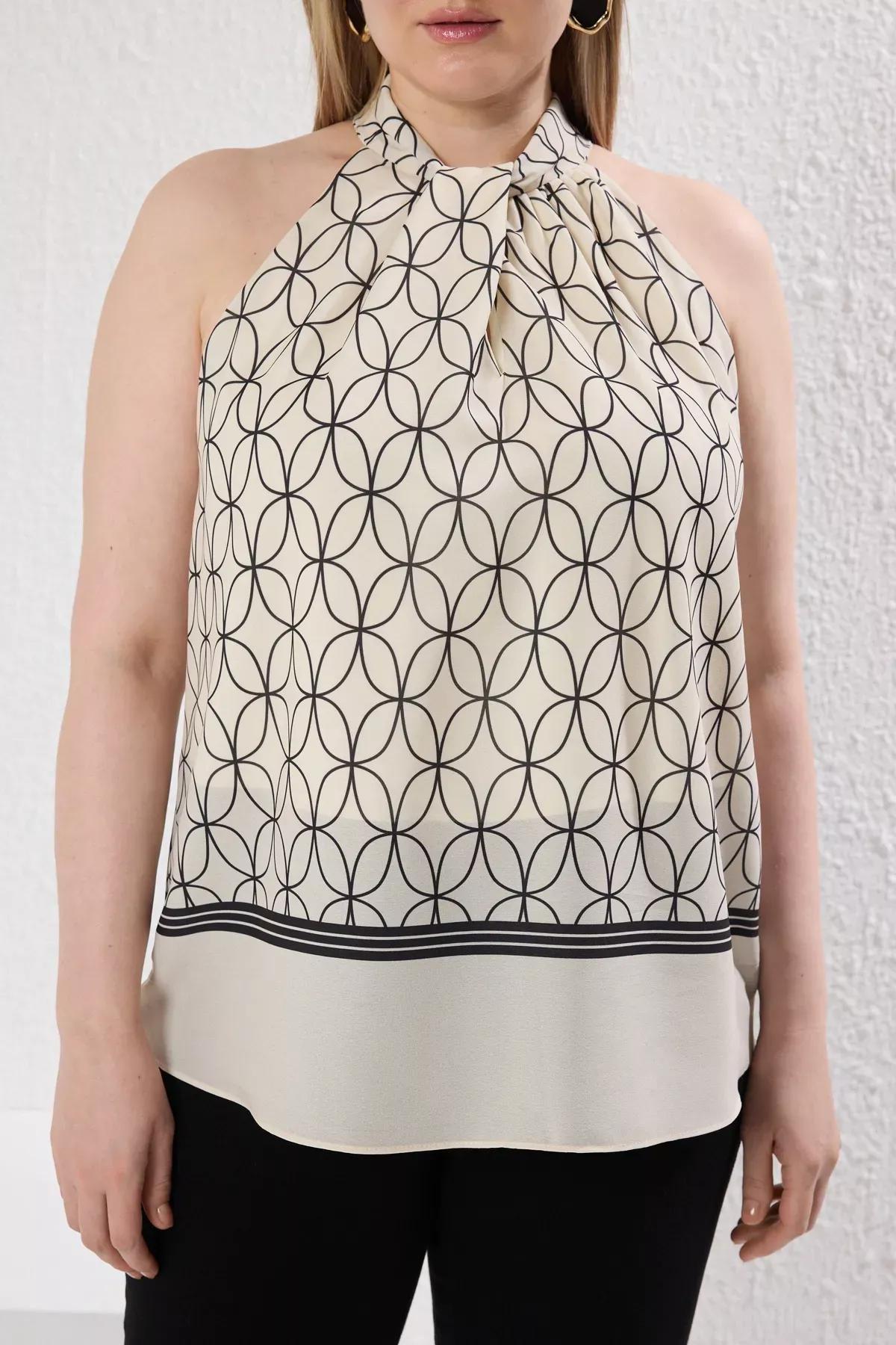 Beige Geometric Halter Blouse, Ecru, large image number 2