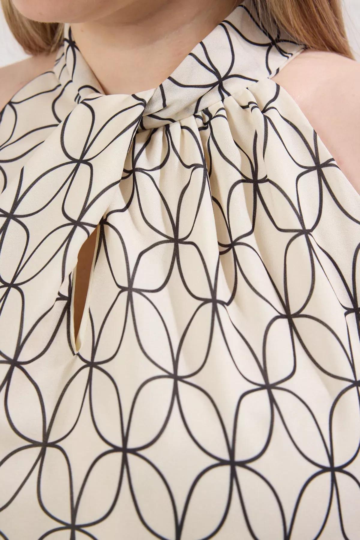 Beige Geometric Halter Blouse, Ecru, large image number 3