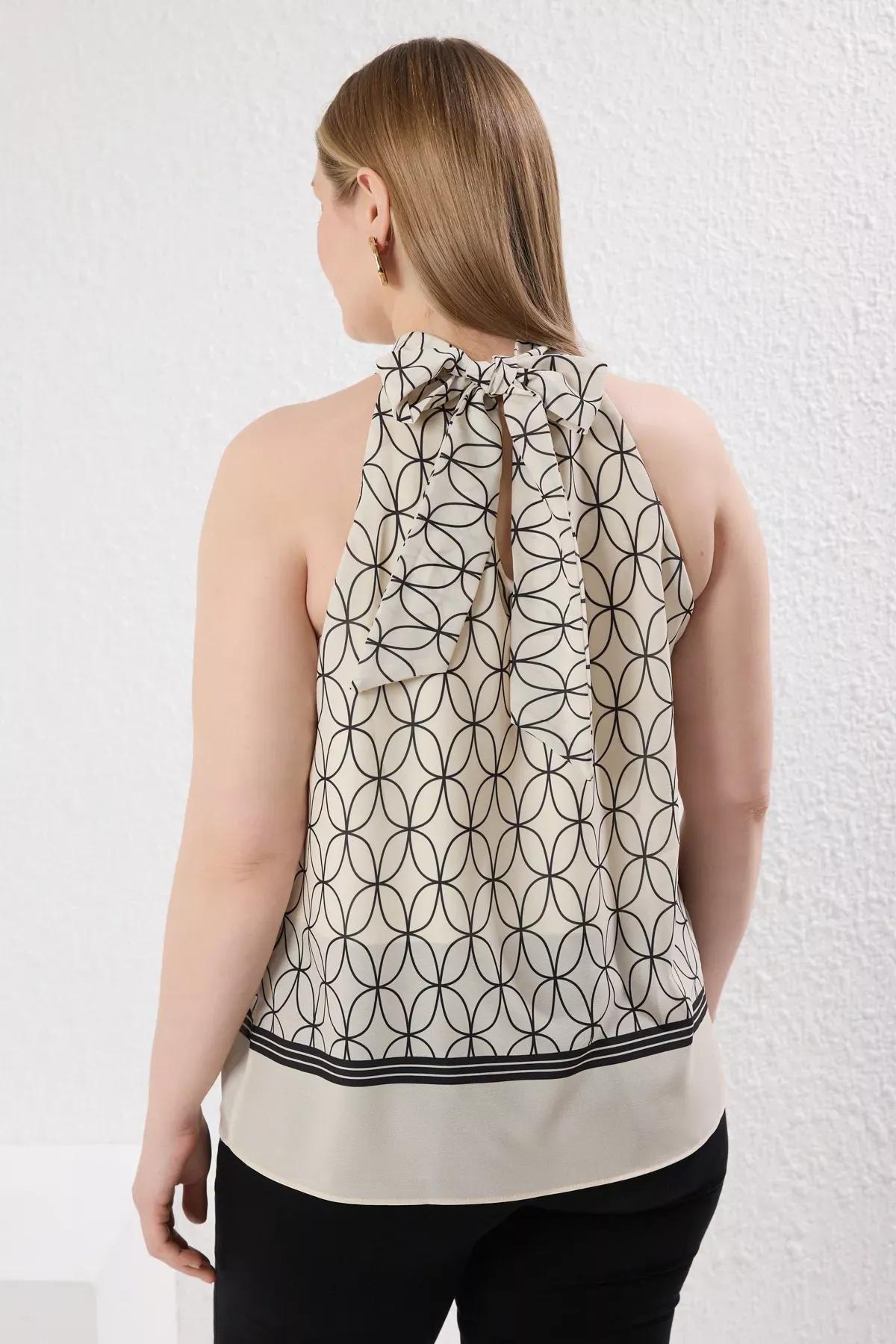 Beige Geometric Halter Blouse, Ecru, large image number 4