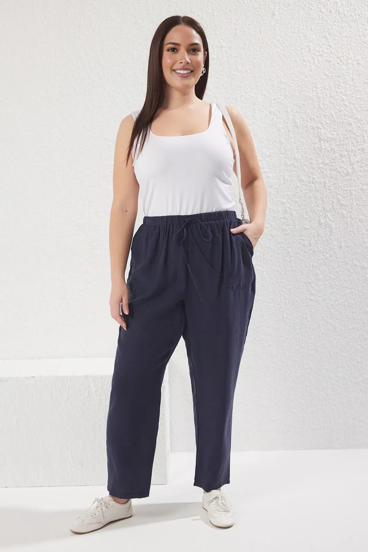 Navy Elastic Waistband Pocket Trousers, Navy blue, large image number 0