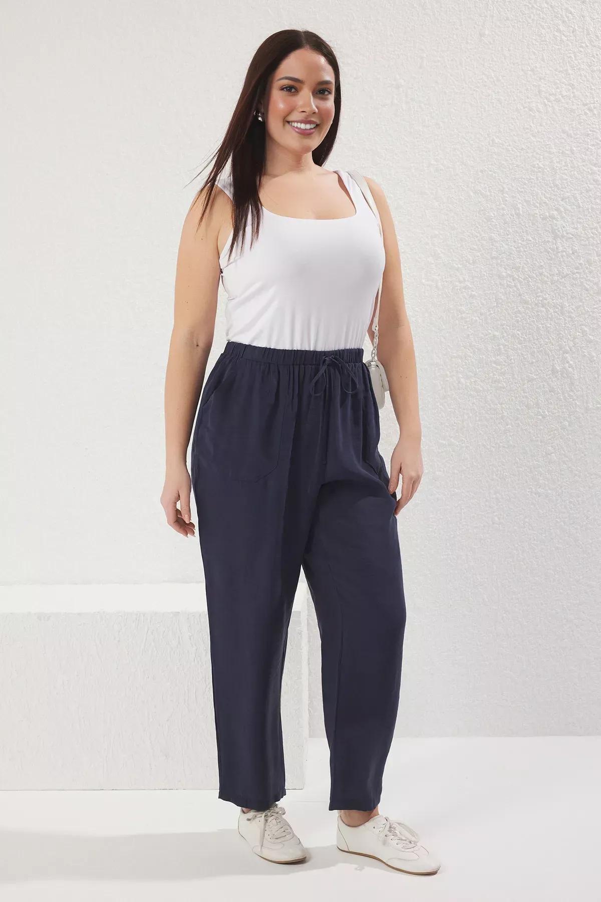 Navy Elastic Waistband Pocket Trousers, Navy blue, large image number 1