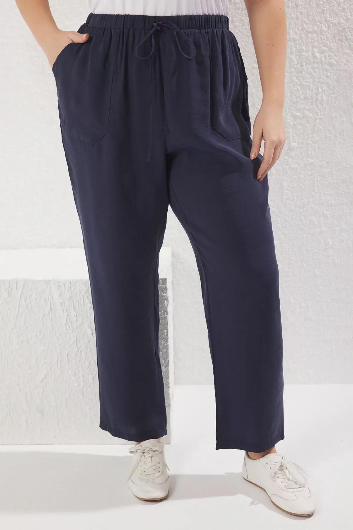 Navy Elastic Waistband Pocket Trousers, Navy blue, large image number 2