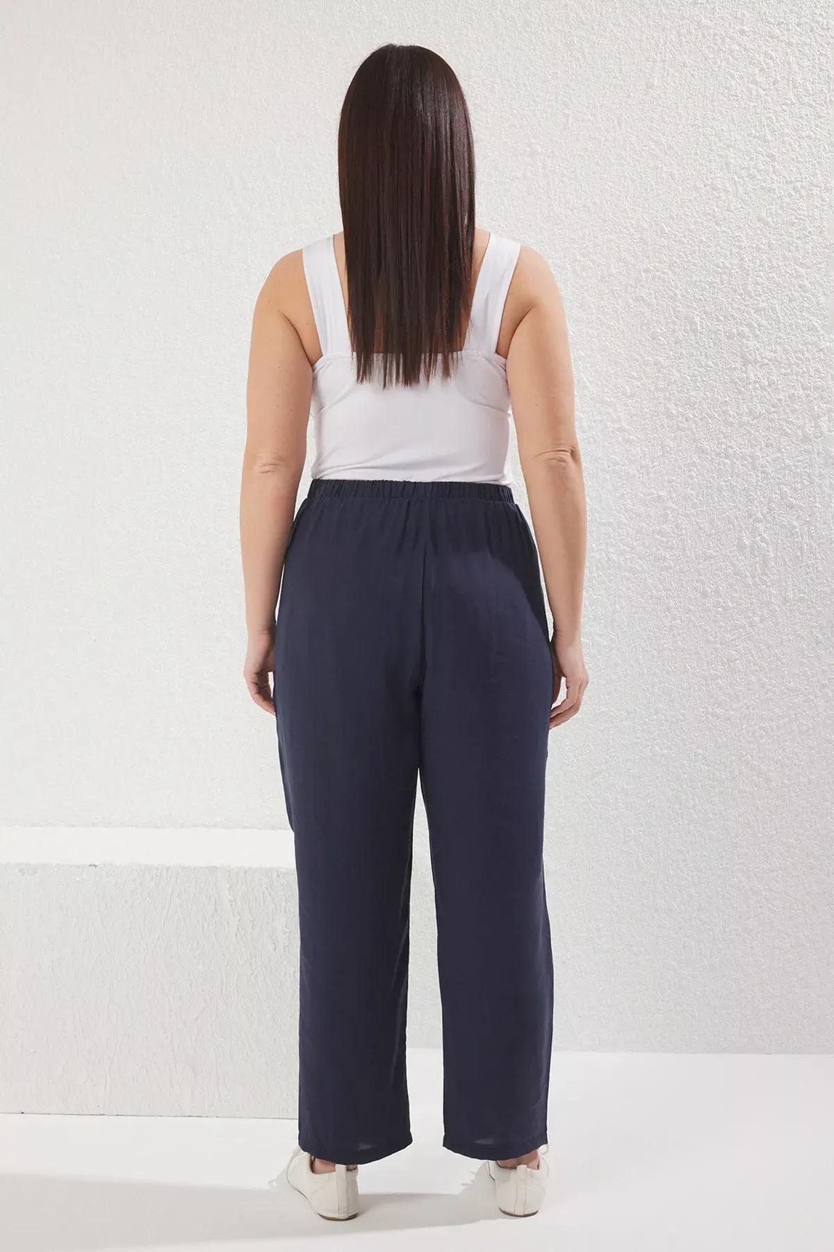 Navy Elastic Waistband Pocket Trousers, Navy blue, large image number 3