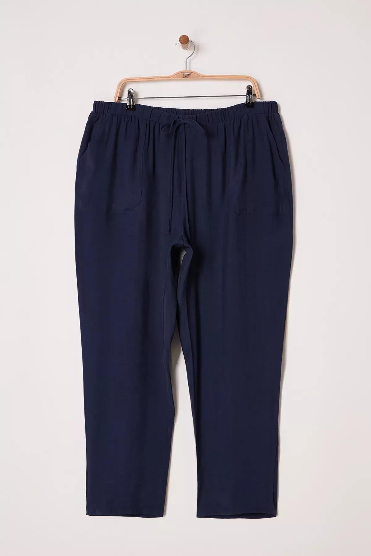 Navy Elastic Waistband Pocket Trousers, Navy blue, large image number 4