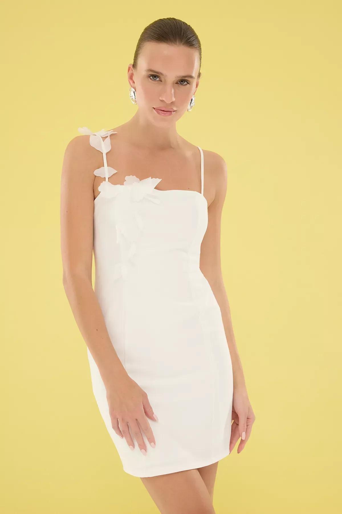White Bodycon Floral Applique Dress, White, large image number 0