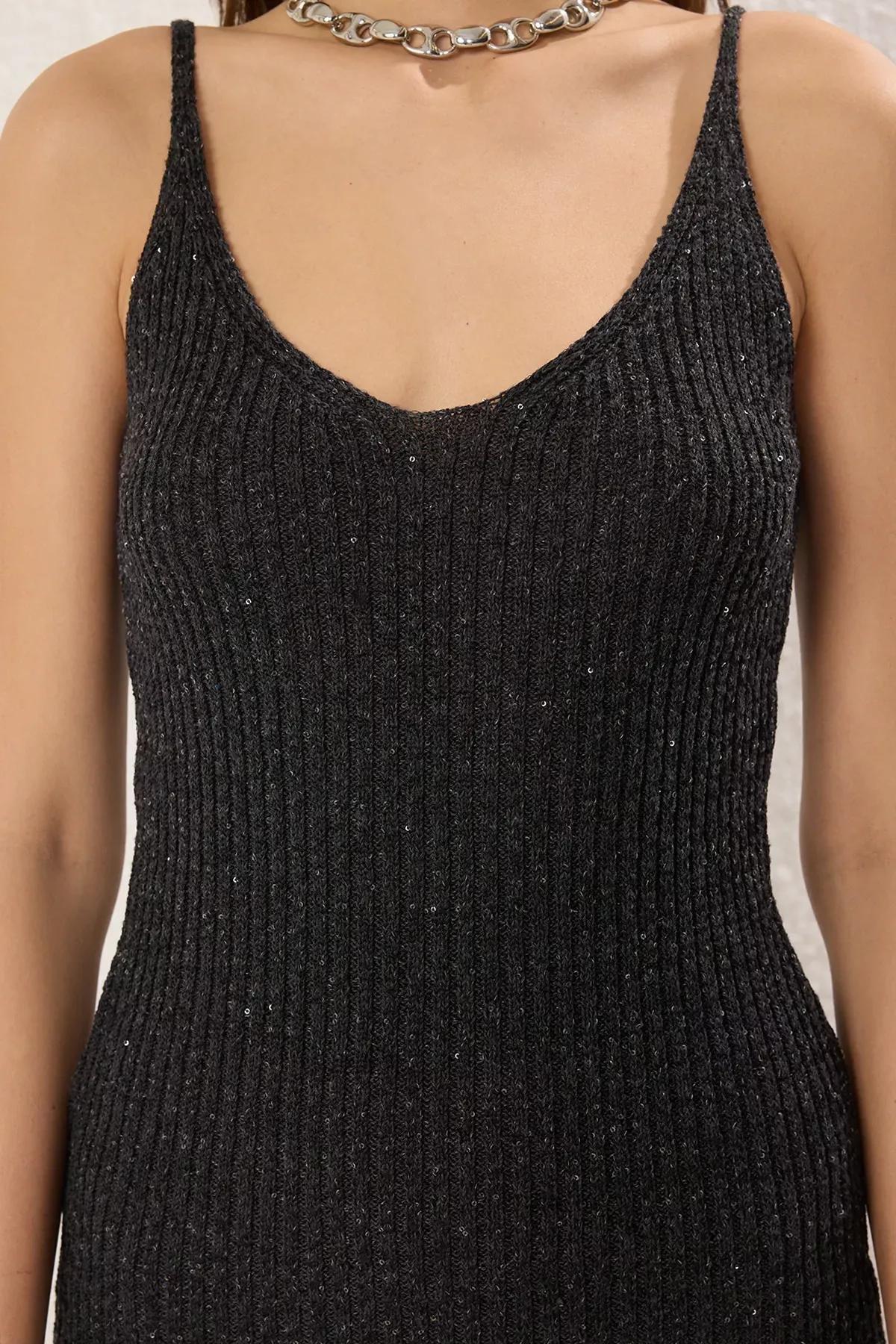 Black Mini Metallic Yarn Knit Dress, Anthracite, large image number 2