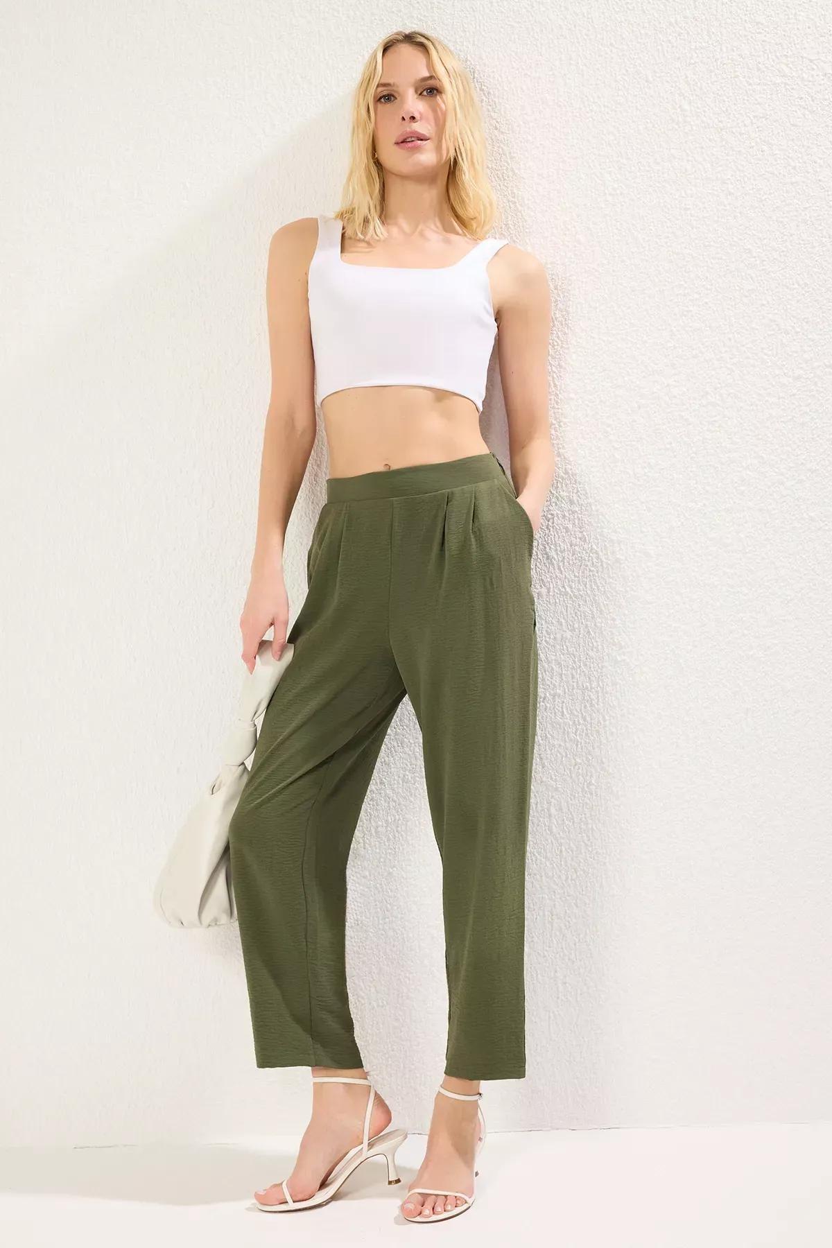 Green Harem Cut Elastic Waist Trousers, , large image number 0