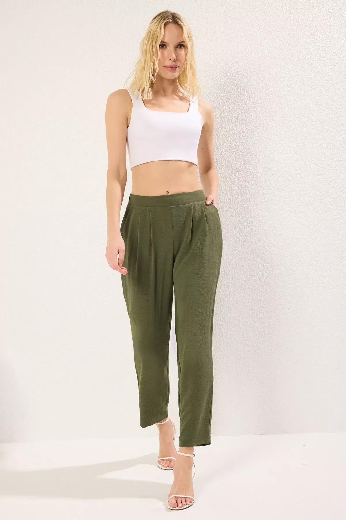 Green Harem Cut Elastic Waist Trousers, , large image number 1