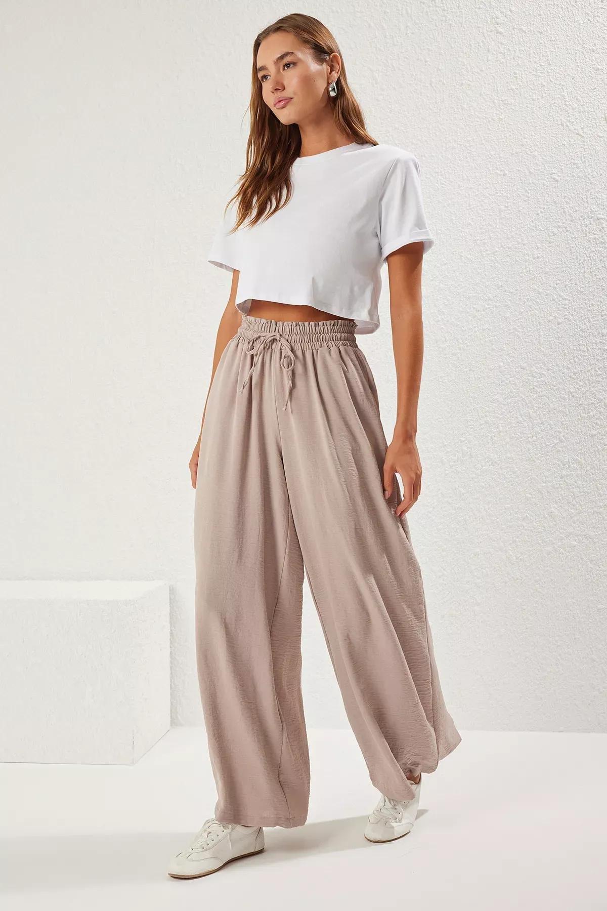 Beige Wide Leg Elastic Waist Trousers, , large image number 1