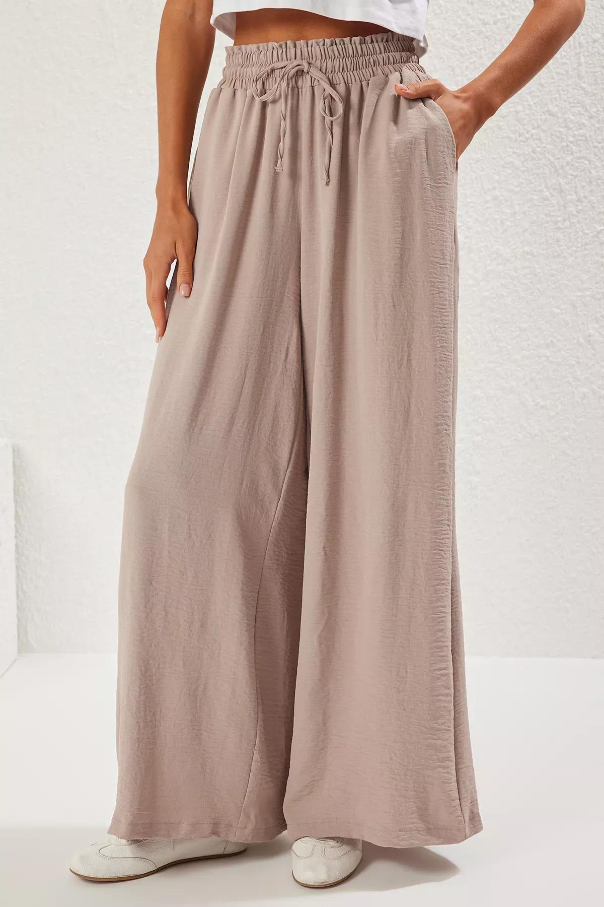 Beige Wide Leg Elastic Waist Trousers, , large image number 2