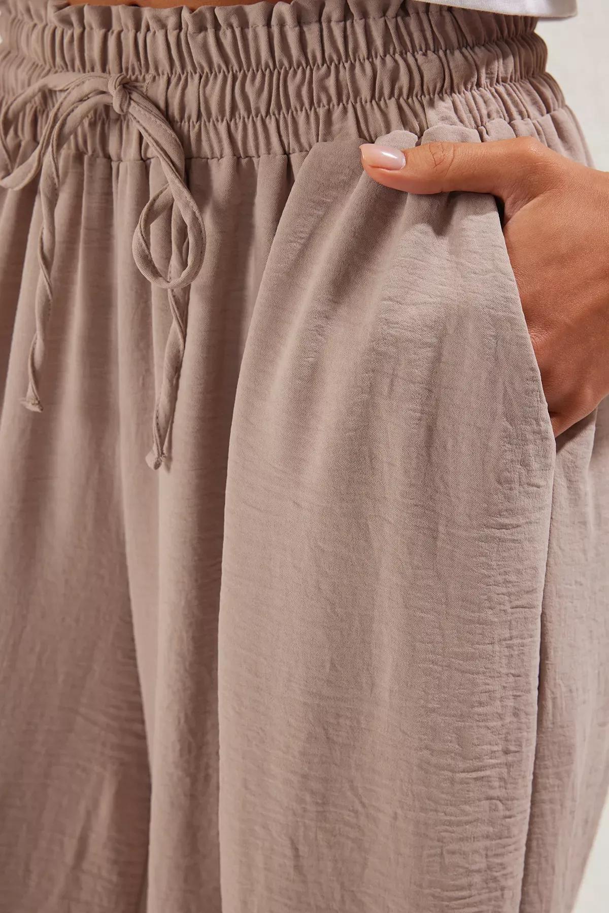 Beige Wide Leg Elastic Waist Trousers, , large image number 3
