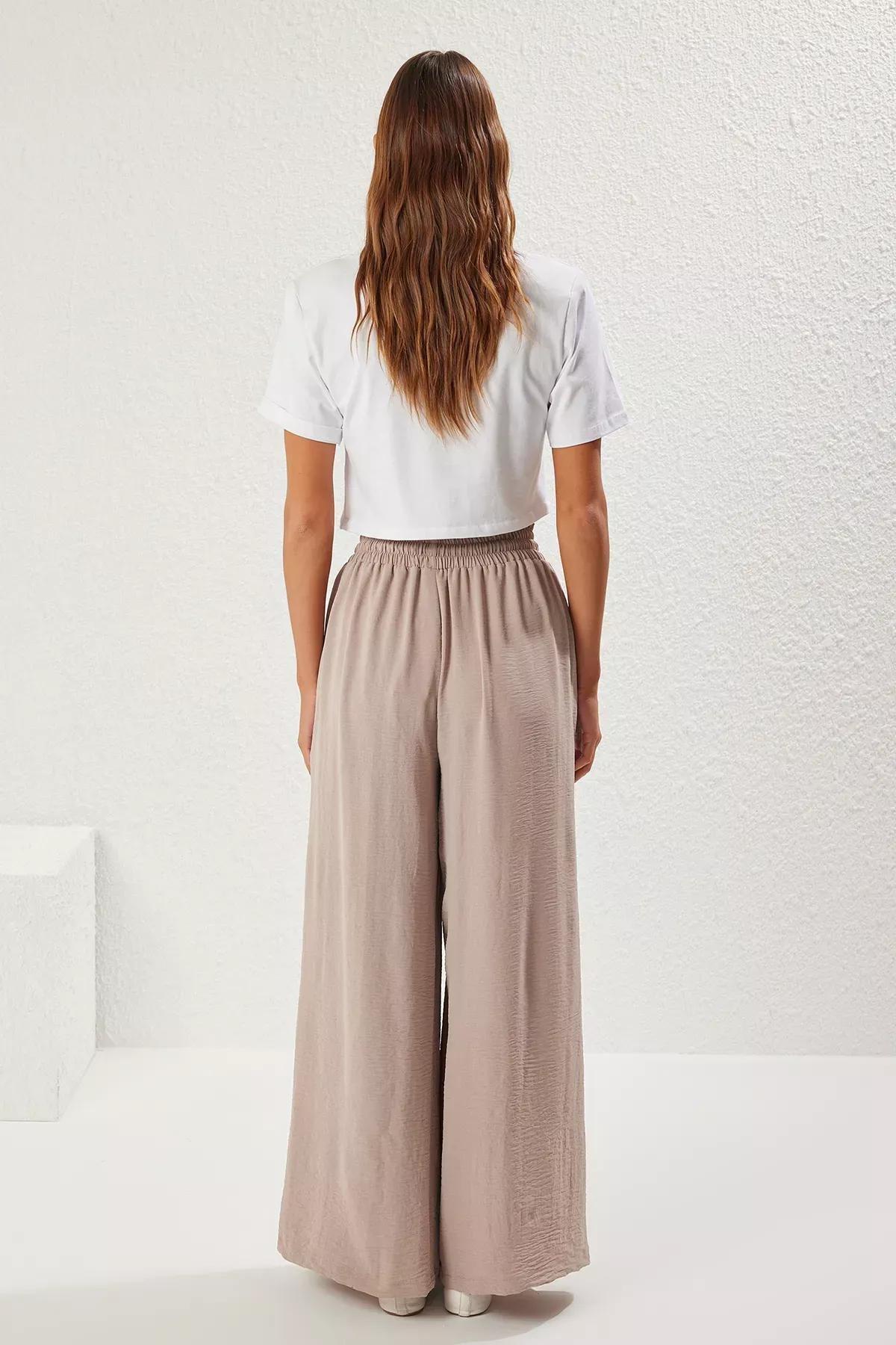 Beige Wide Leg Elastic Waist Trousers, , large image number 4