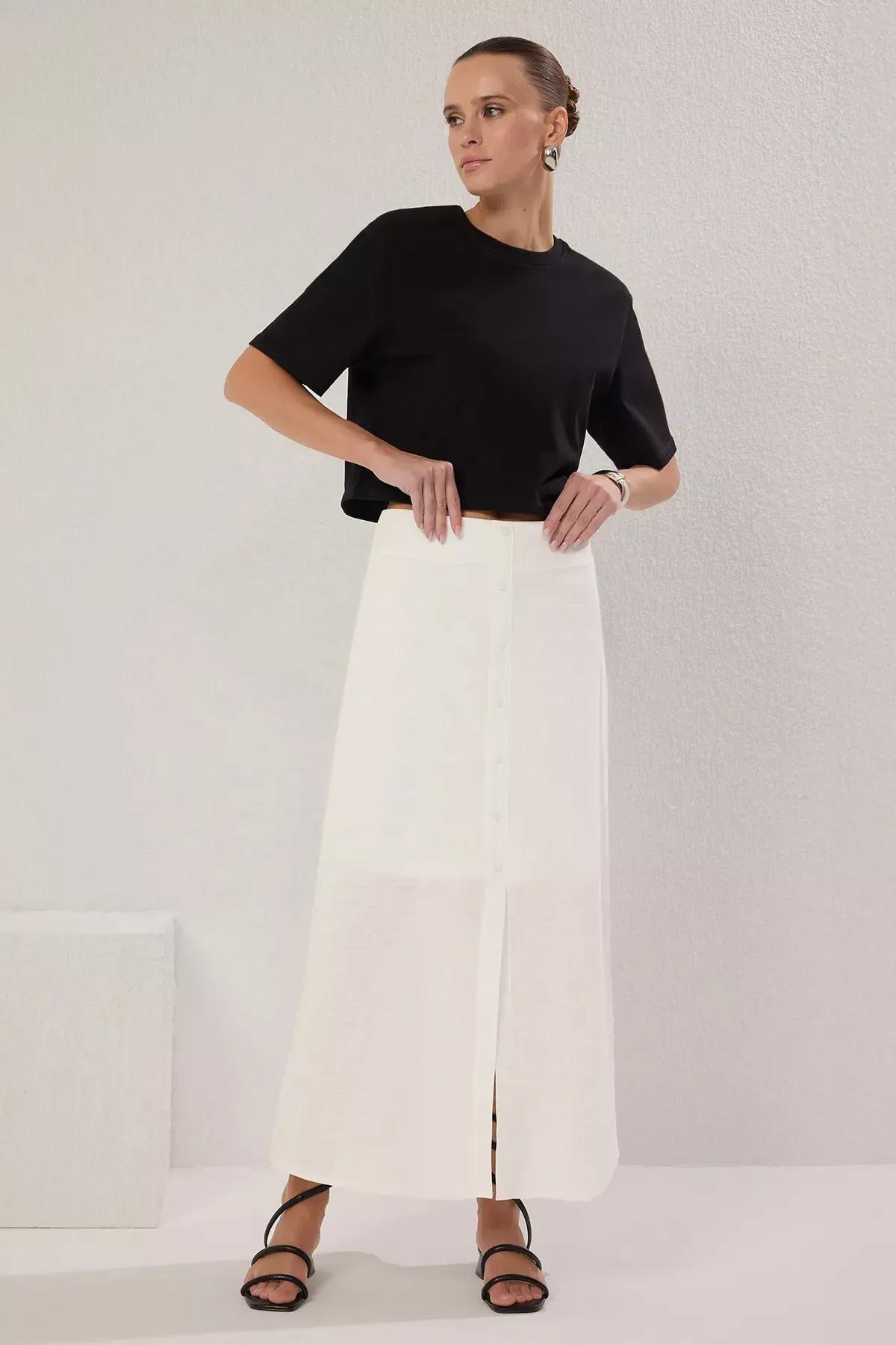 تنورة طويلة من الكتان بأزرار، أبيض, White, medium