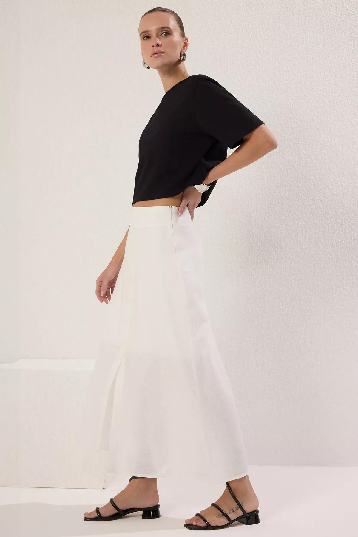 White Button Linen Maxi Skirt, White, large image number 1