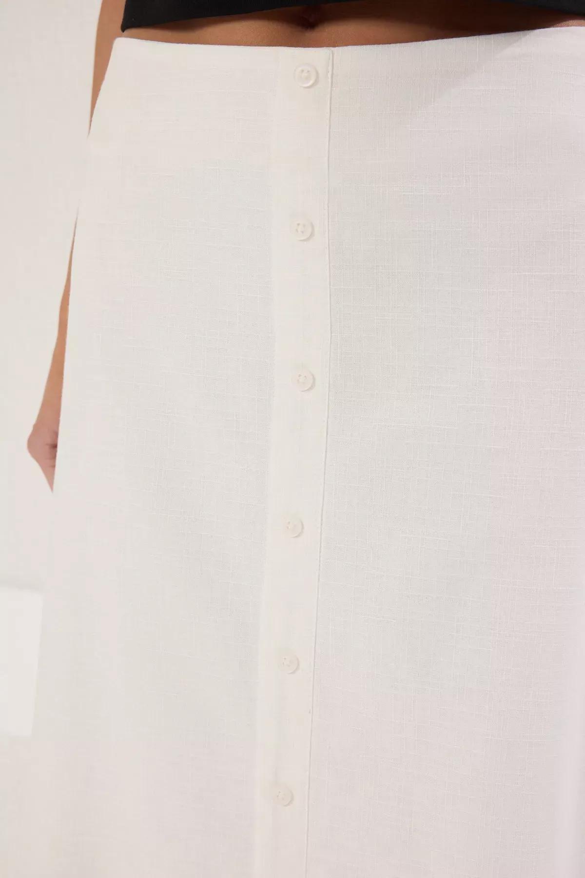 White Button Linen Maxi Skirt, White, large image number 2