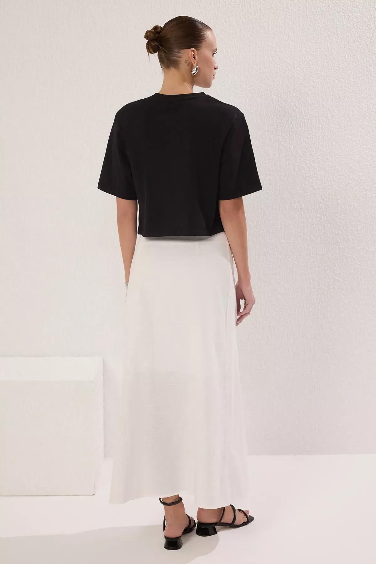 White Button Linen Maxi Skirt, White, large image number 3