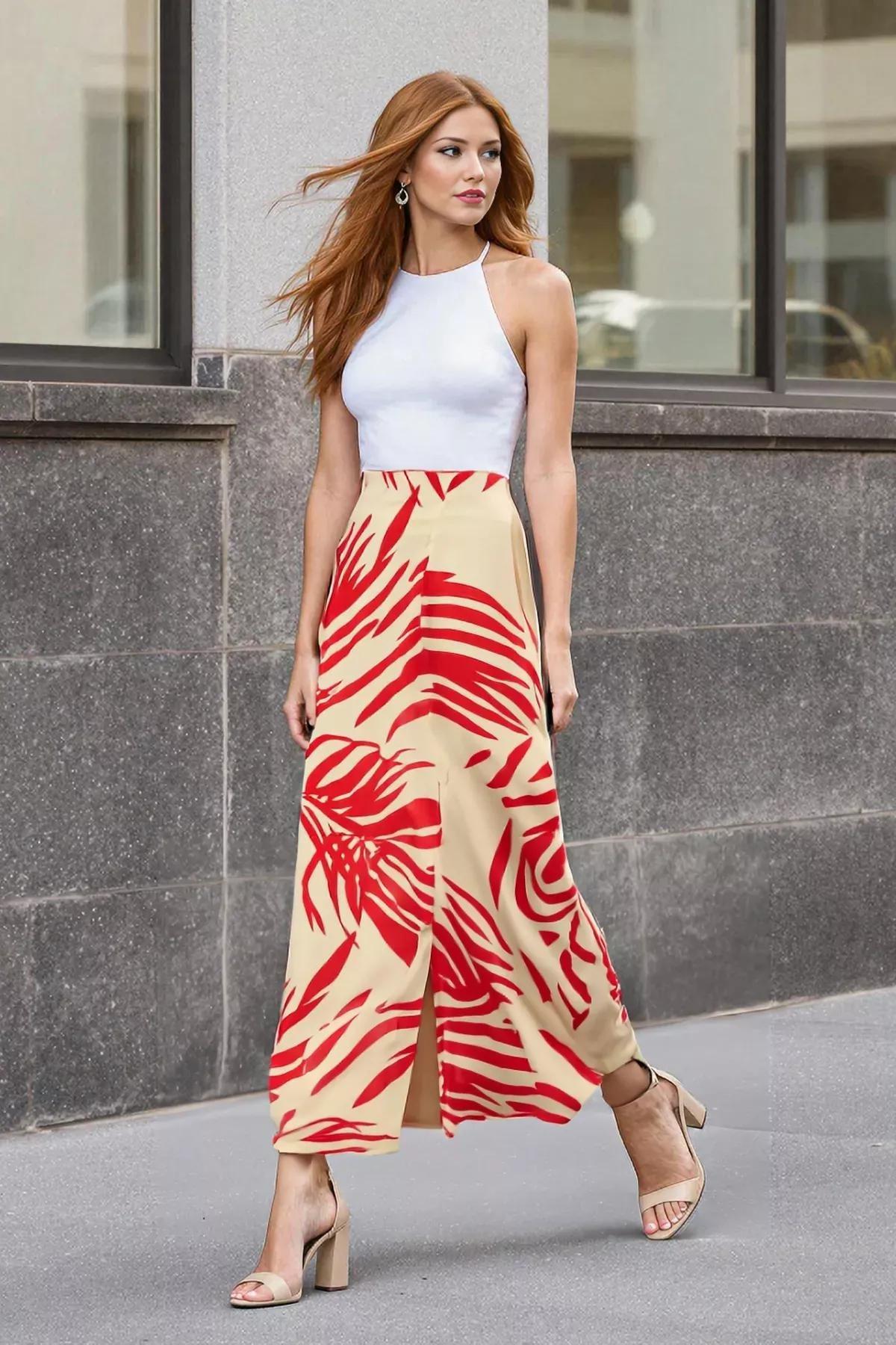 Red Patterned Midi Skirt, C101_7382, large image number 1