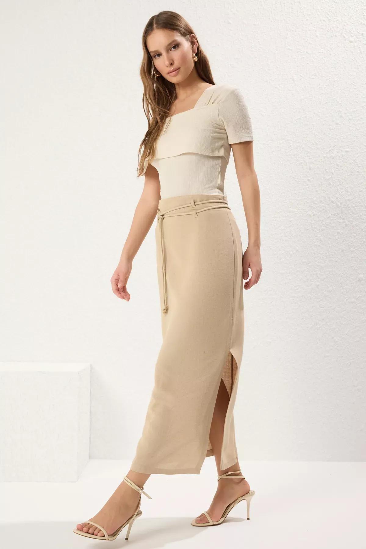 Beige Linen Belted Maxi Skirt, STONE, large image number 0