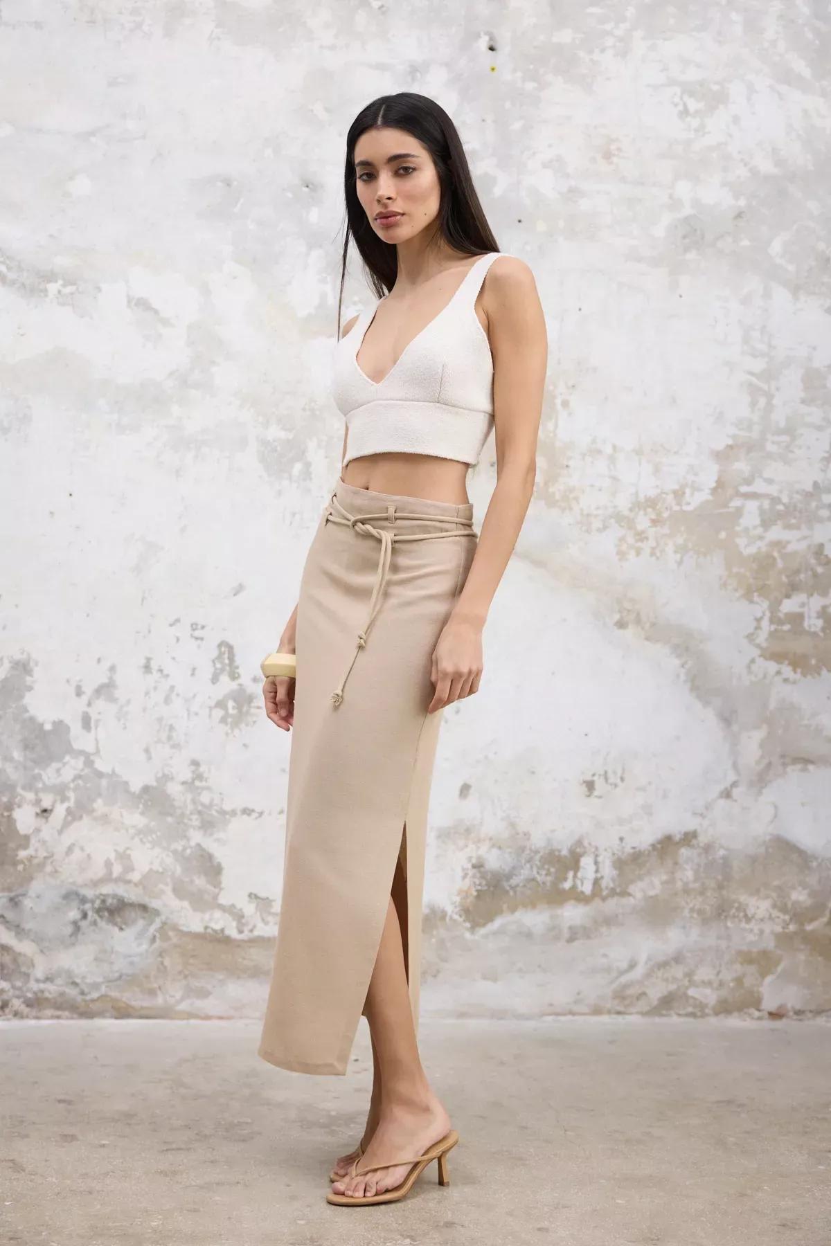 Beige Linen Belted Maxi Skirt, STONE, large image number 1
