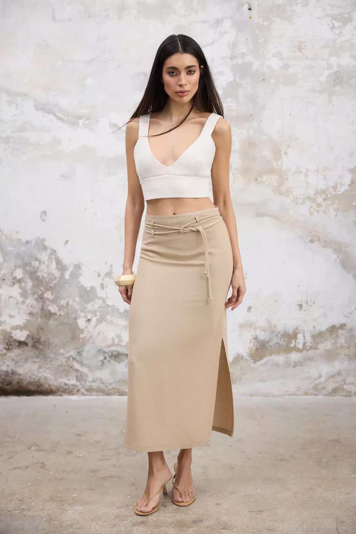 Beige Linen Belted Maxi Skirt, STONE, large image number 2