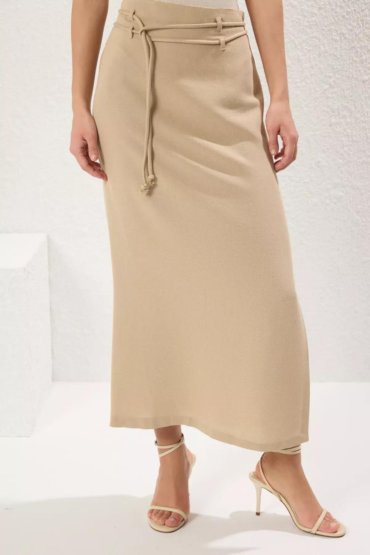 Beige Linen Belted Maxi Skirt, STONE, large image number 3