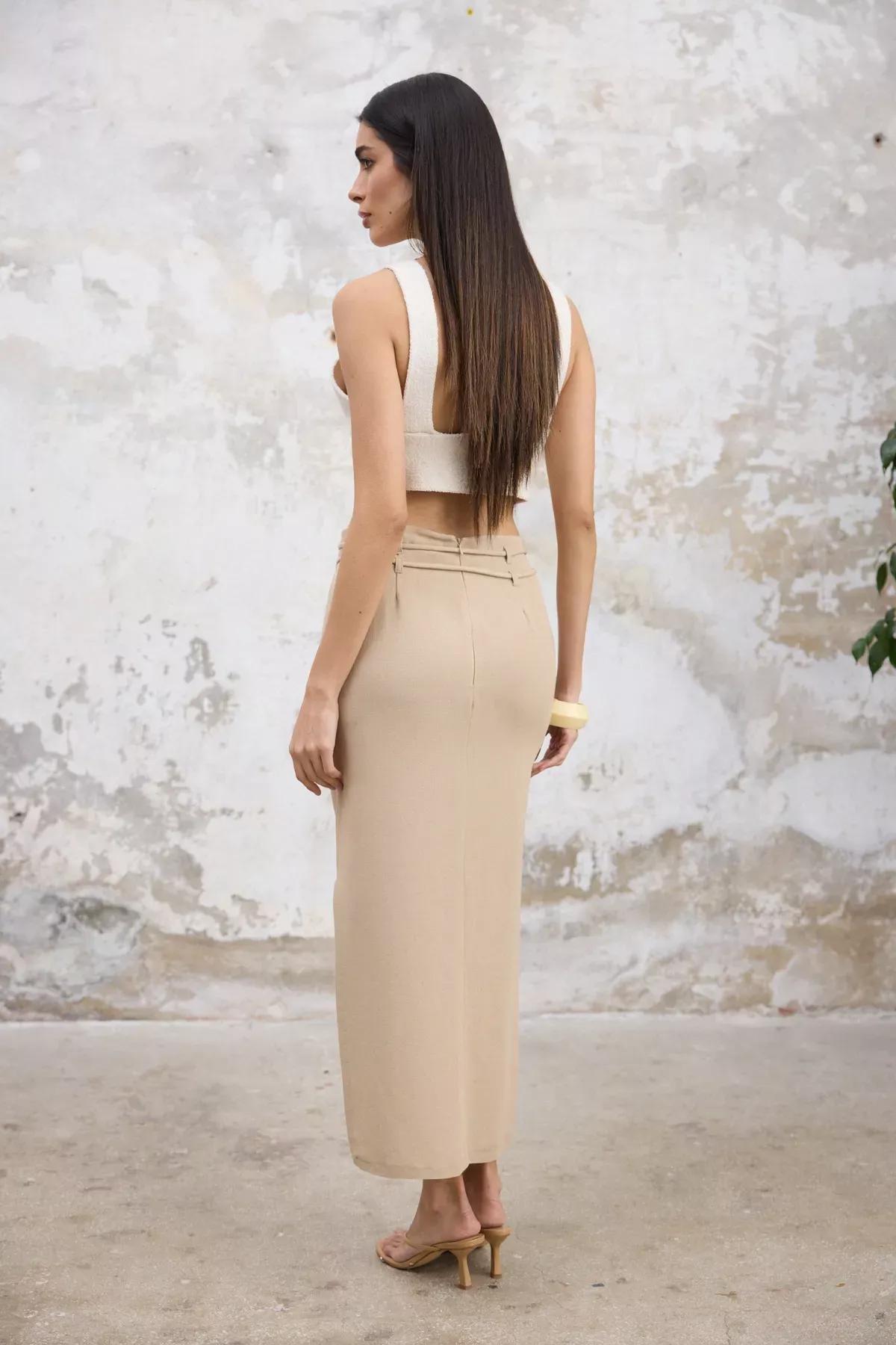 Beige Linen Belted Maxi Skirt, STONE, large image number 6