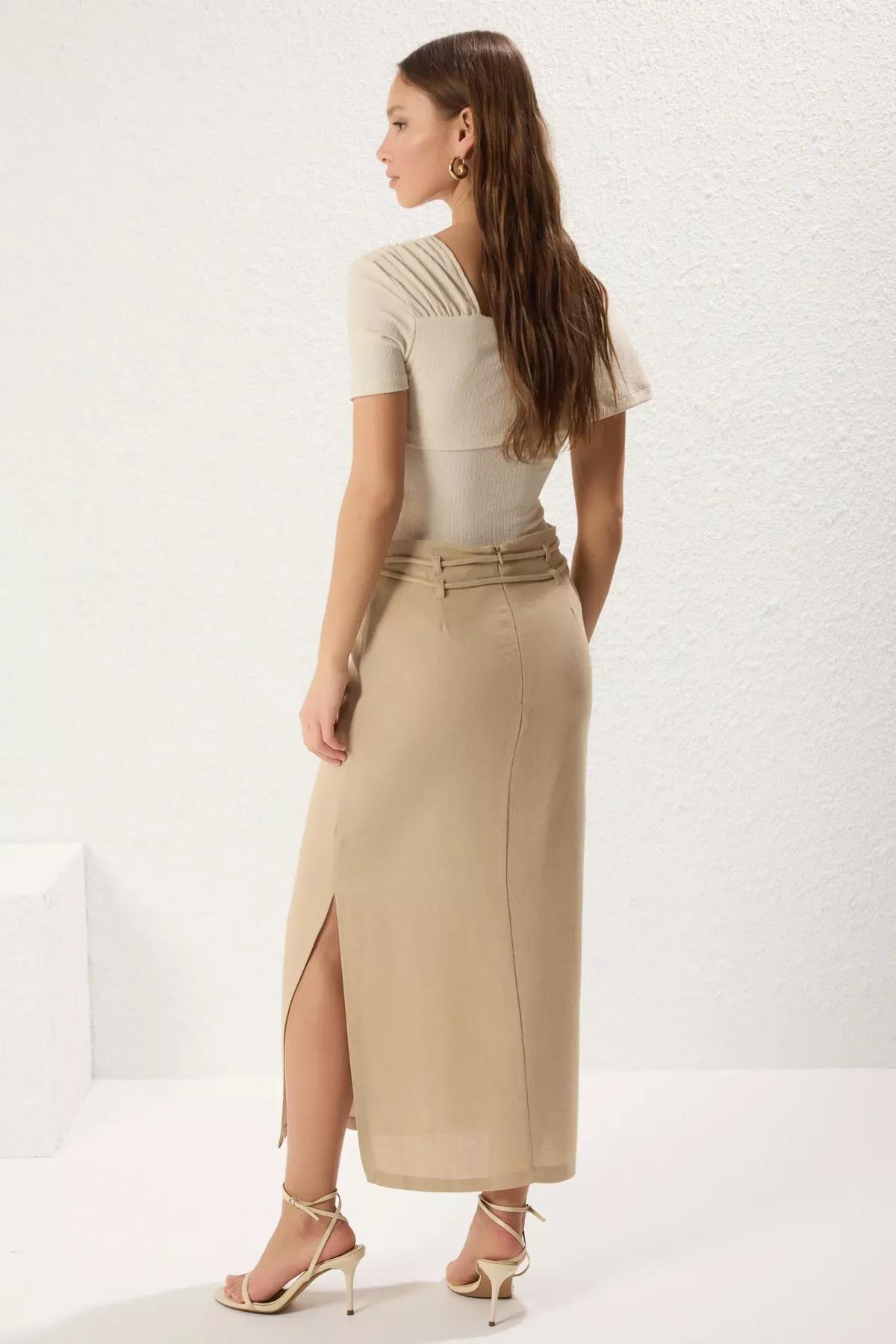 Beige Linen Belted Maxi Skirt, STONE, large image number 7