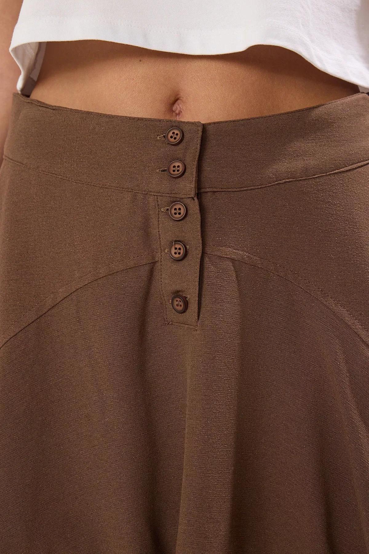 Brown Hem Flounce Button Detailed Skirt, Brown, large image number 3