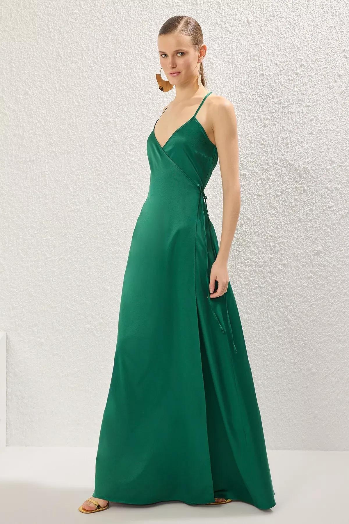 Green A-Line Satin Occasionwear Dress, Emerald, medium