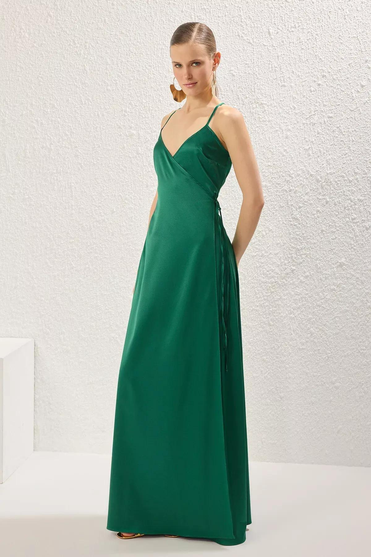 Green A-Line Satin Occasionwear Dress, Emerald, large image number 1