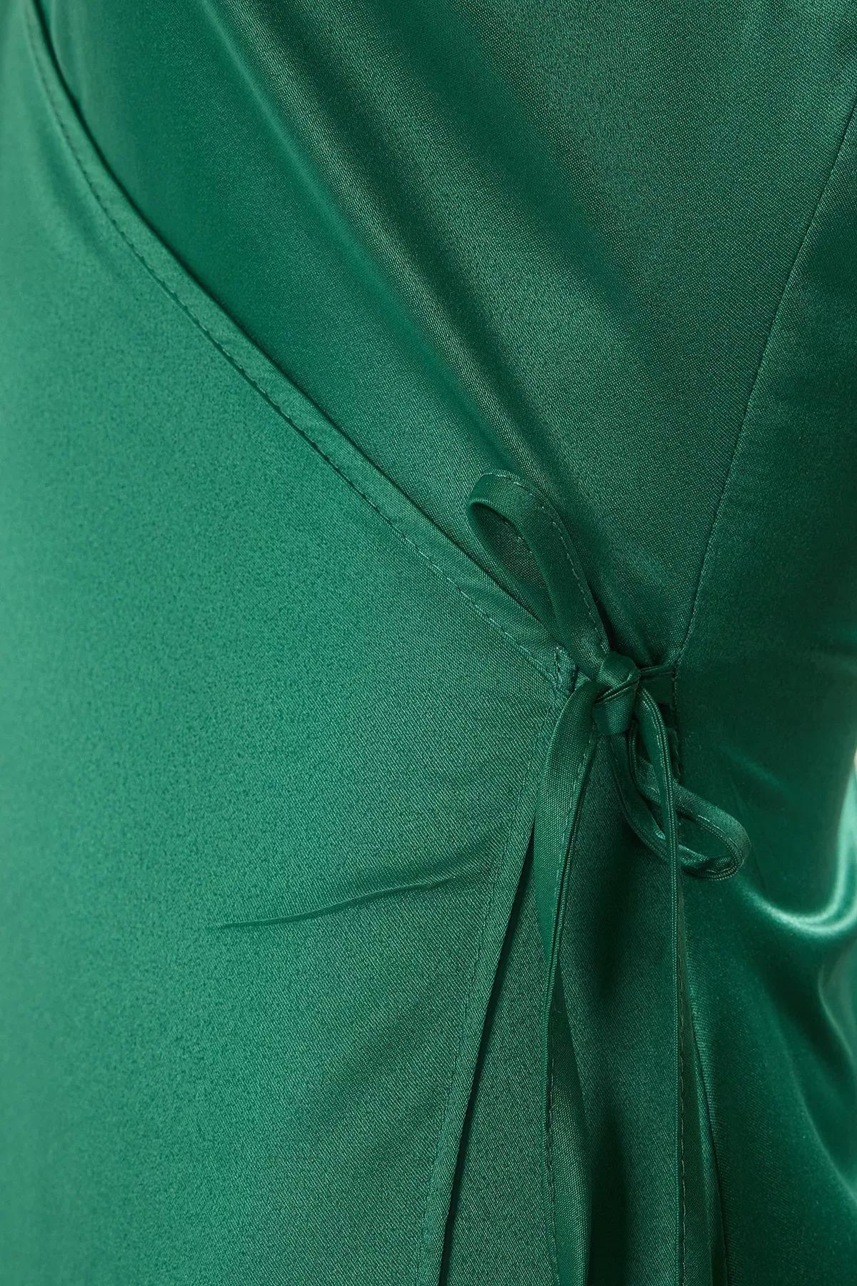 Green A-Line Satin Occasionwear Dress, Emerald, medium