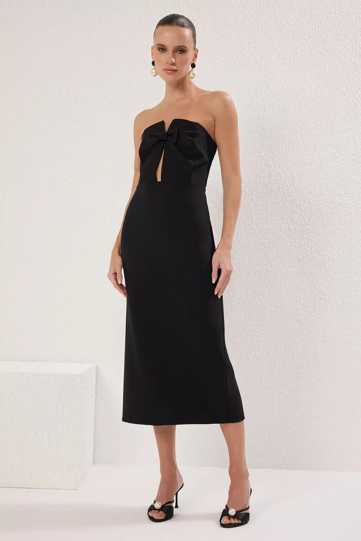 Black Bodycon Strapless Midi Dress, , large image number 1