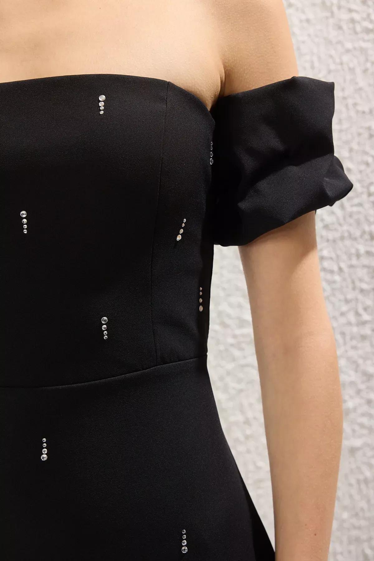 Black Carmen Collar Printed Midi Dress, BLACK, large image number 2