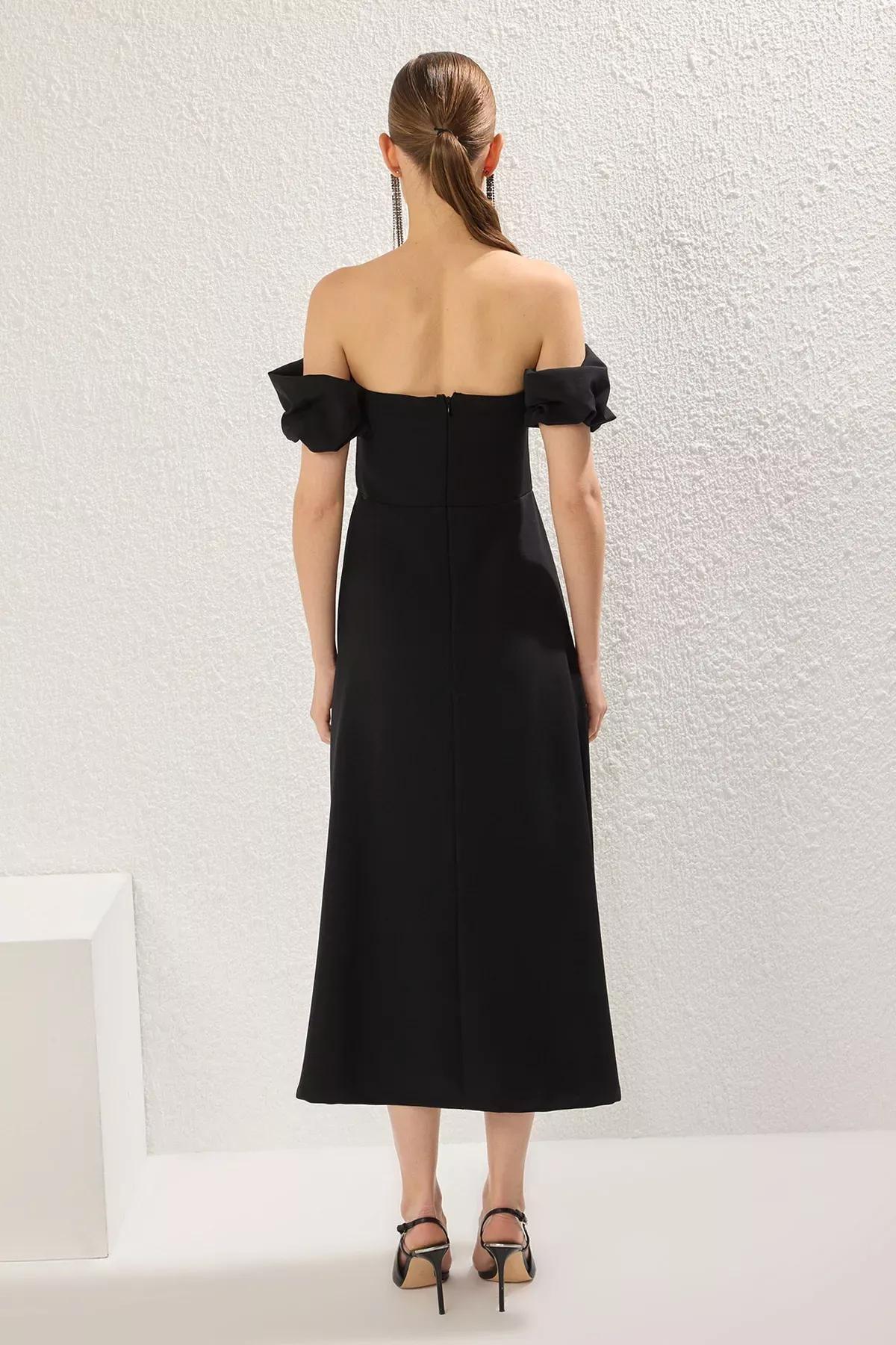 Black Carmen Collar Printed Midi Dress, BLACK, large image number 3