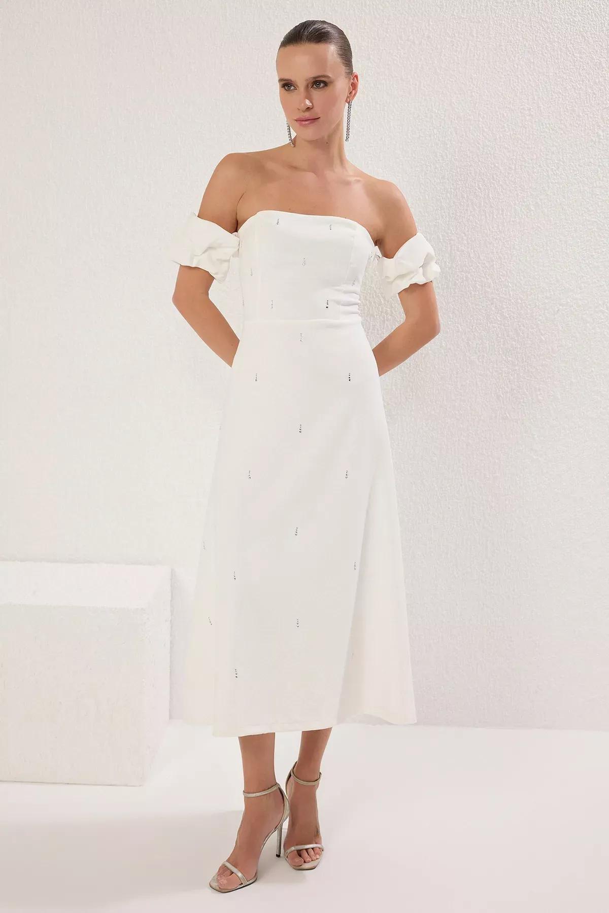 White Printed Detail Midi Chic Dress, , large image number 0