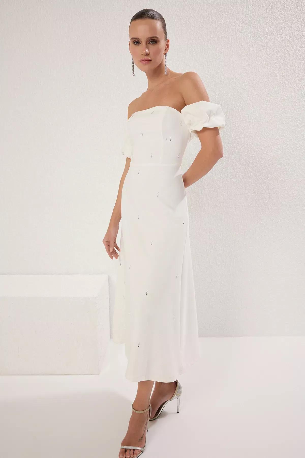 White Printed Detail Midi Chic Dress, , large image number 1