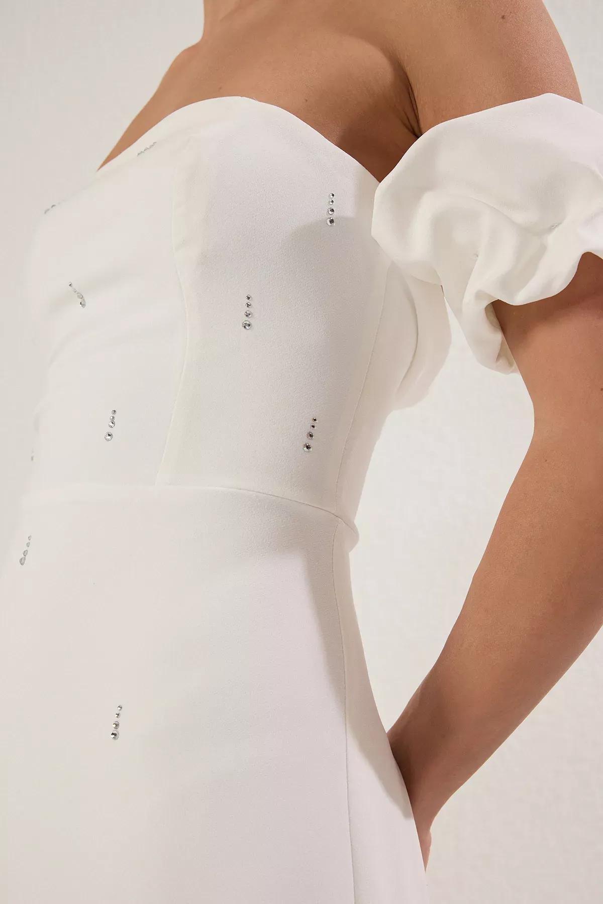 White Printed Detail Midi Chic Dress, , large image number 2