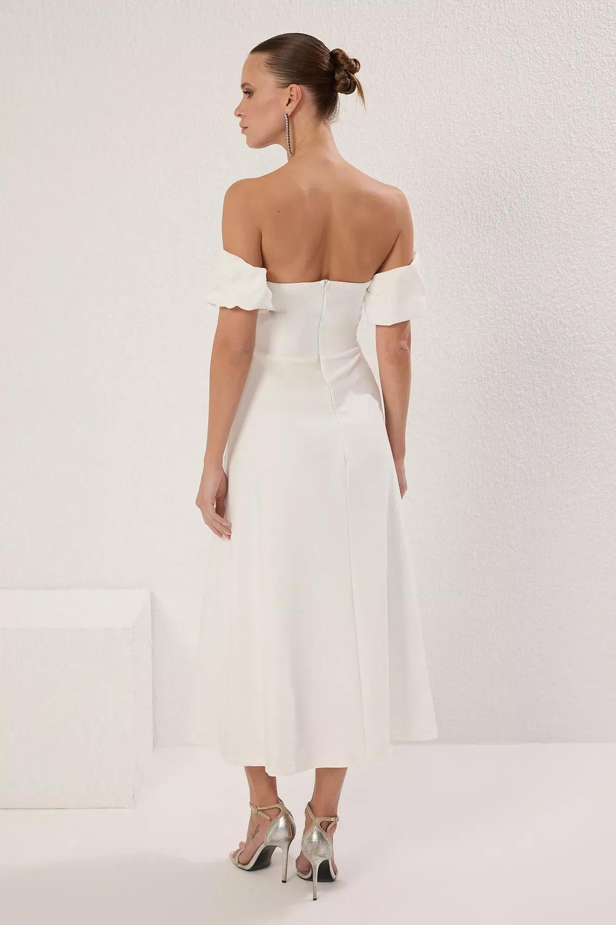 White Printed Detail Midi Chic Dress, , large image number 3