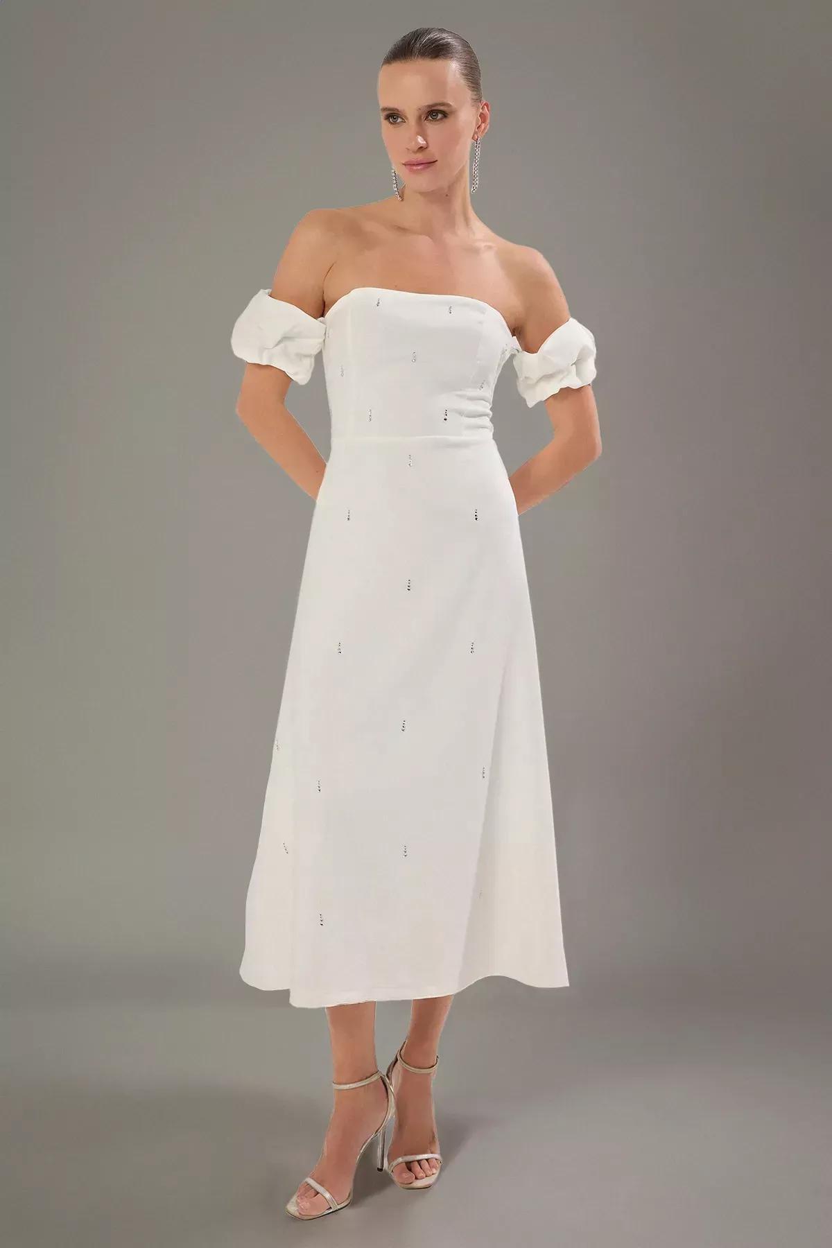 White Printed Detail Midi Chic Dress, , large image number 4