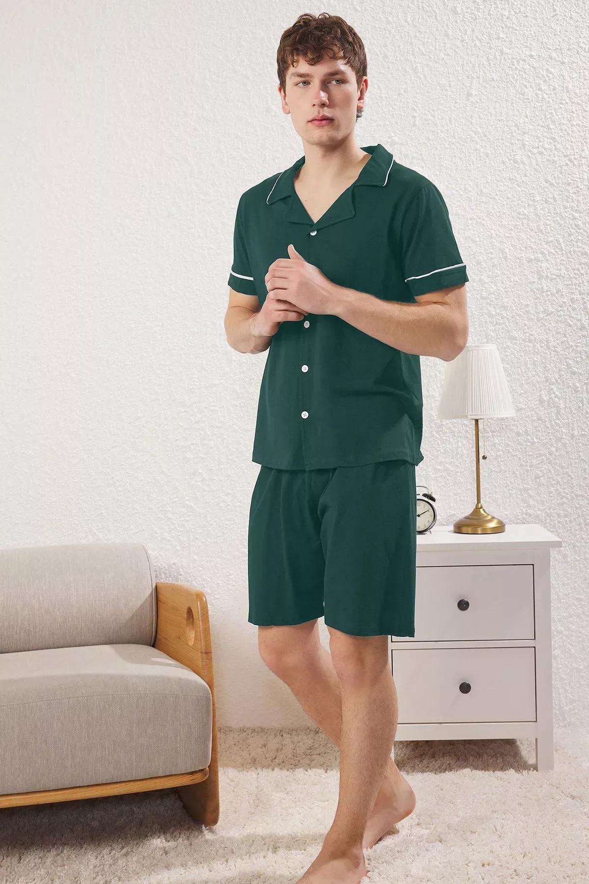 Green Regular Fit Buttoned Pajama Set, Green, large image number 1