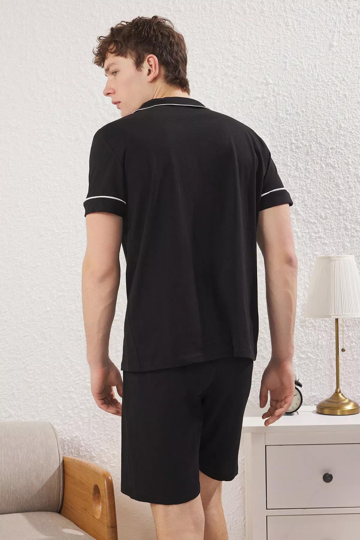 Black Buttoned Piping Pajama Shorts Set, , large image number 3