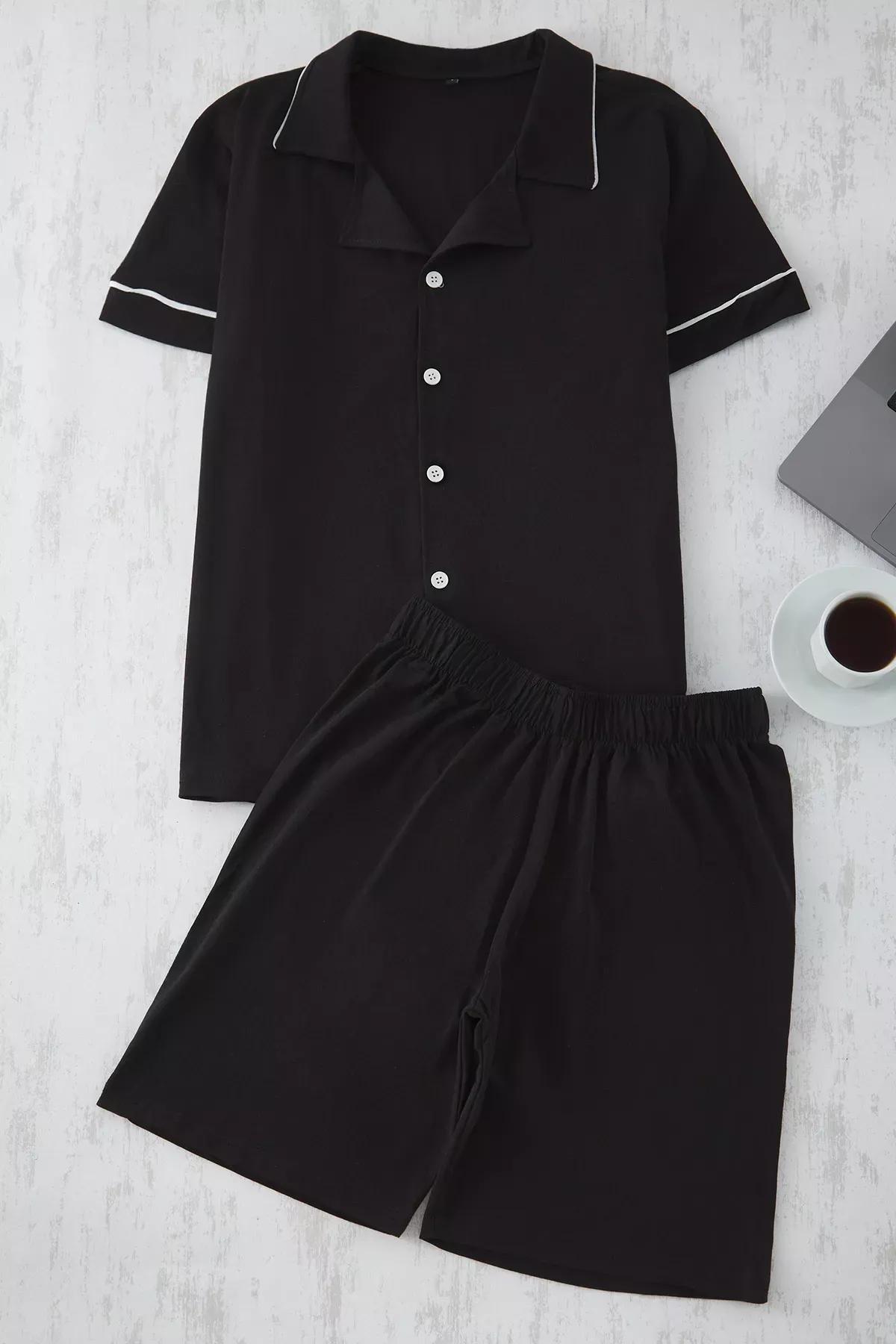Black Buttoned Piping Pajama Shorts Set, , large image number 4