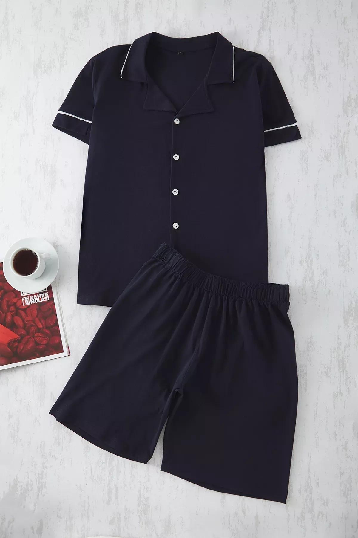 Navy Buttoned Piping Pajama Shorts Set, , large image number 0