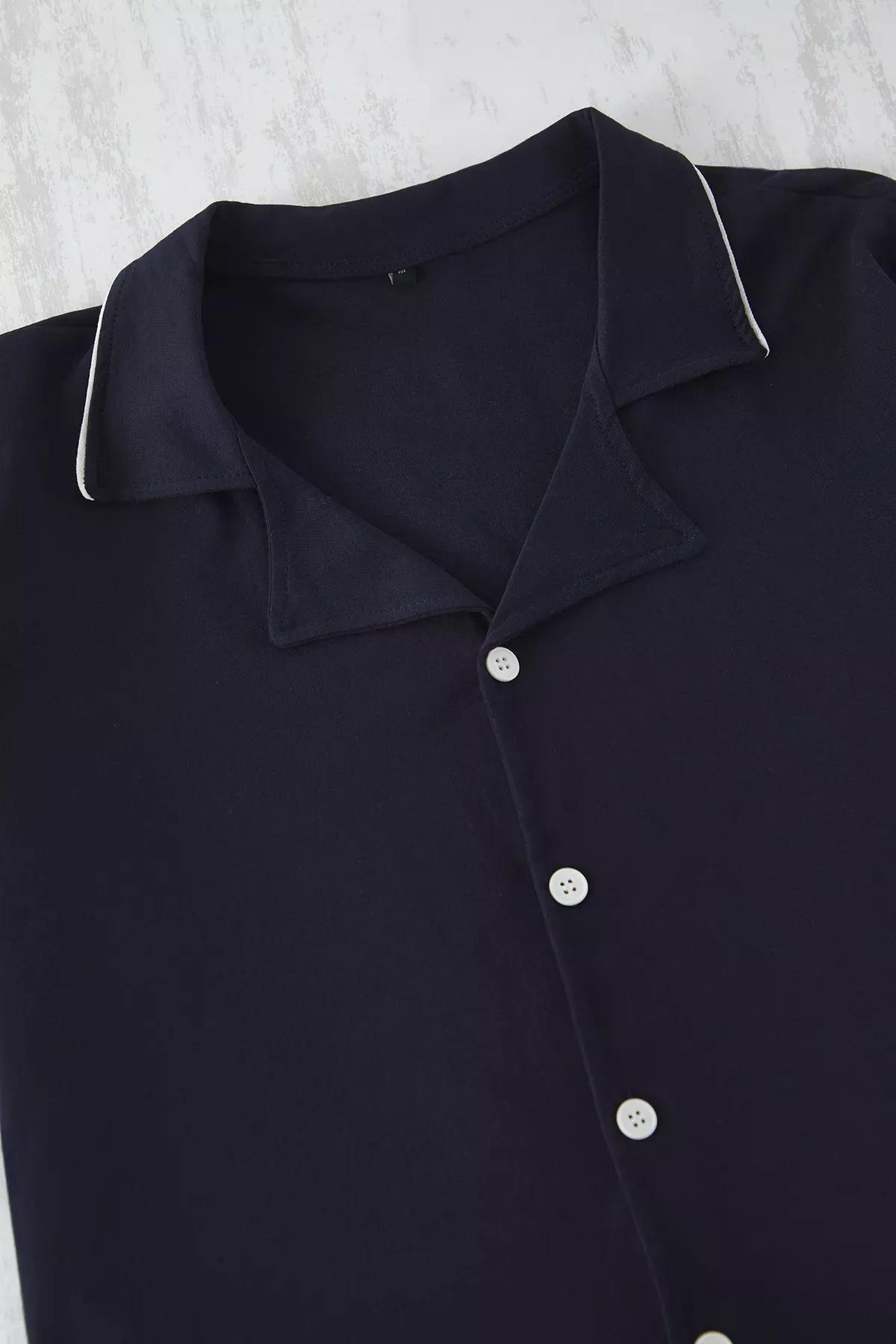 Navy Buttoned Piping Pajama Shorts Set, , large image number 1